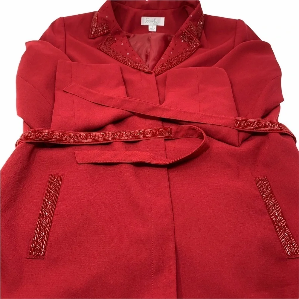 Vintage Emily… Embellished Trim Long Belted Blazer Red Sz 16 Notch Lapel Button